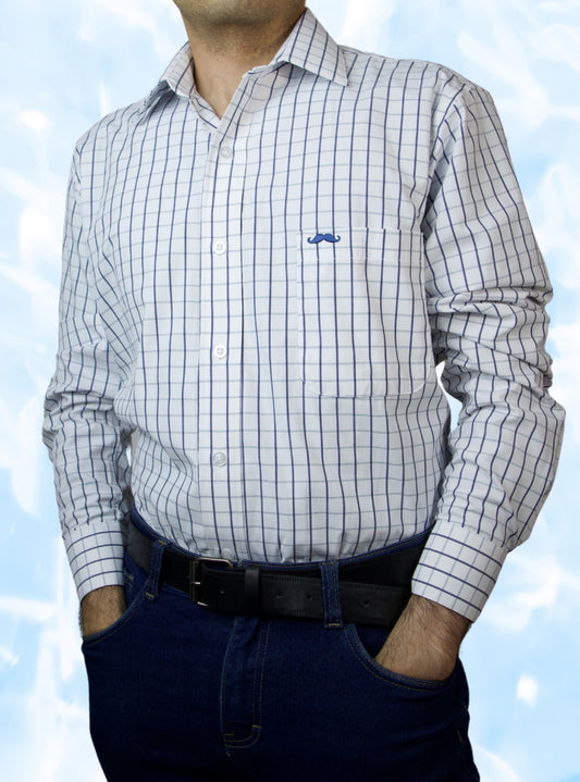 Camisa corte regular - Cuadro blanco líneas azules