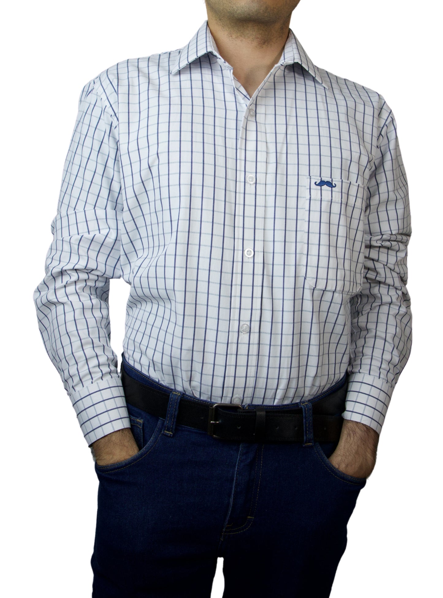 Camisa corte regular - Cuadro blanco líneas azules