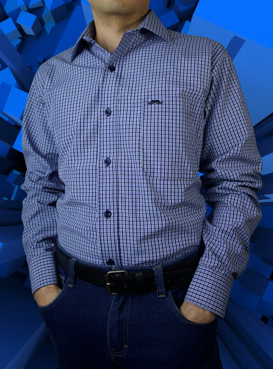 Camisa corte regular - Cuadro azul y negro