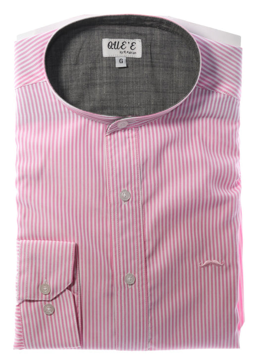 Camisa slim fit cuello Mao -  Rosa rayas 1