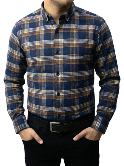 Camisa de franela slim fit - Cuadro café y azul