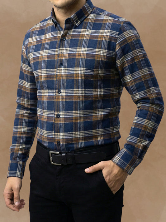 Camisa de franela slim fit - Cuadro café y azul