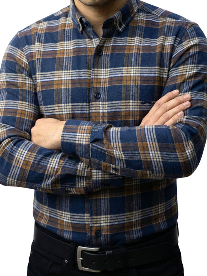 Camisa de franela slim fit - Cuadro café y azul