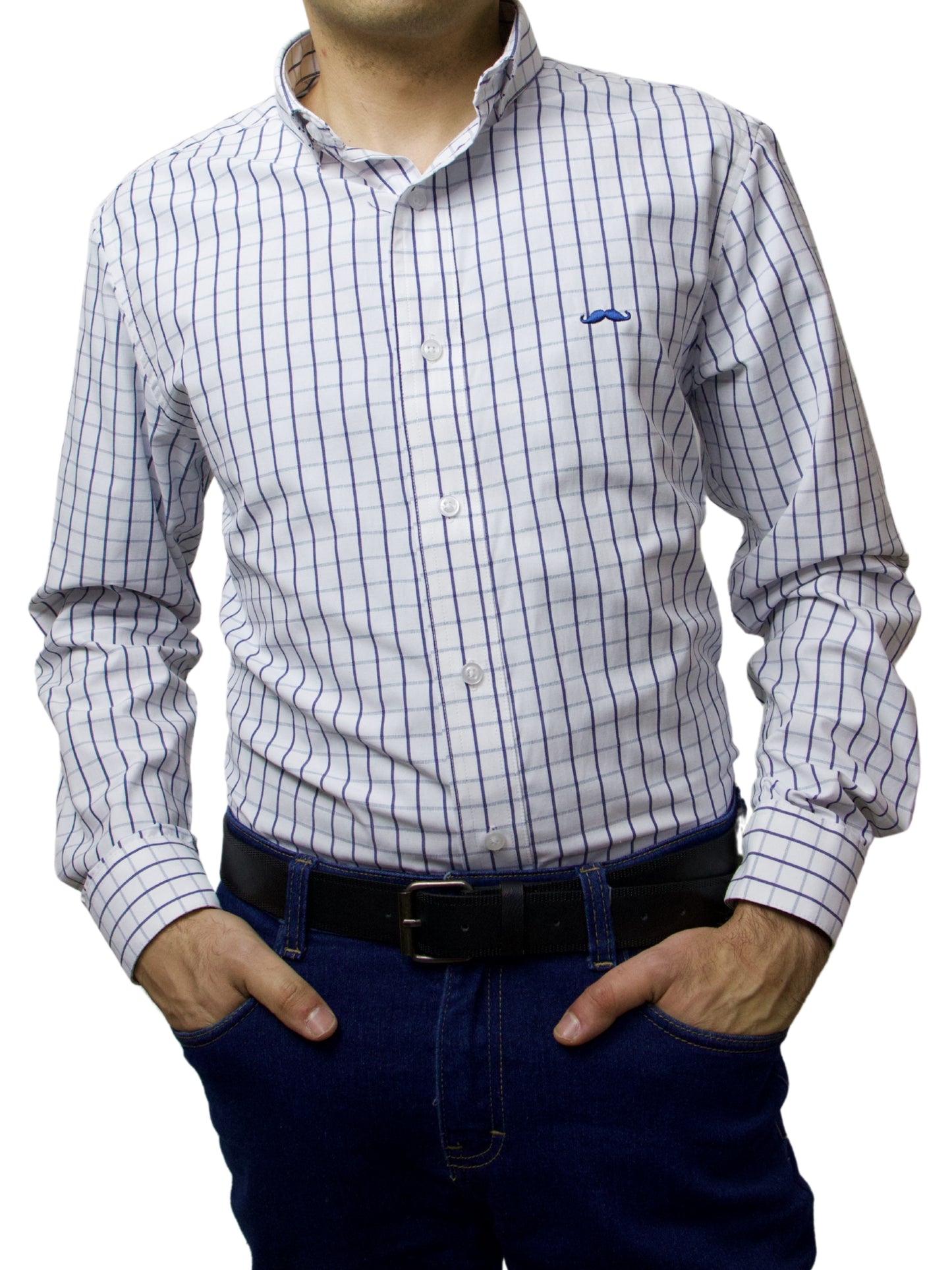 Camisa slim fit - Cuadro blanco lineas azules