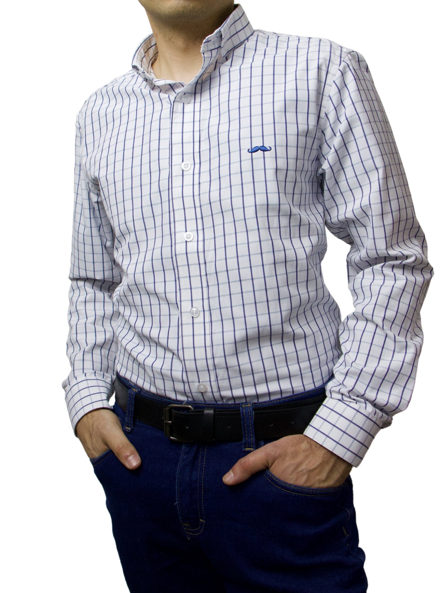 Camisa slim fit - Cuadro blanco lineas azules