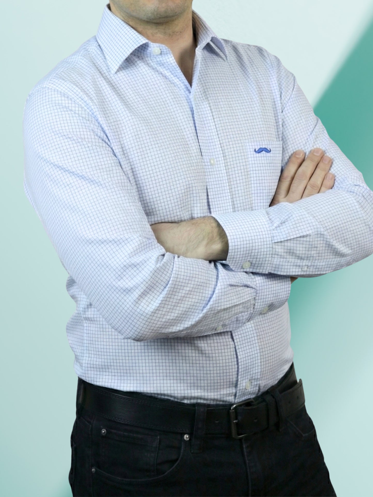 Camisa corte regular - Mini cuadro azul
