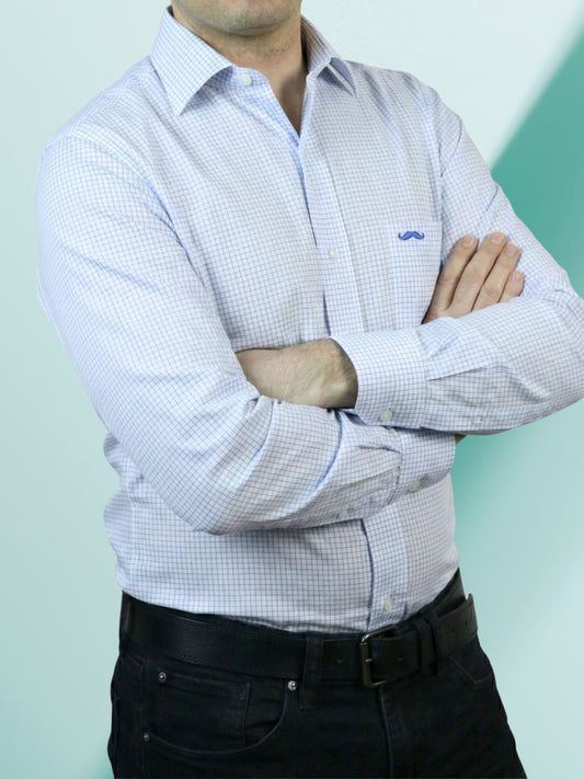 Camisa corte regular - Mini cuadro azul