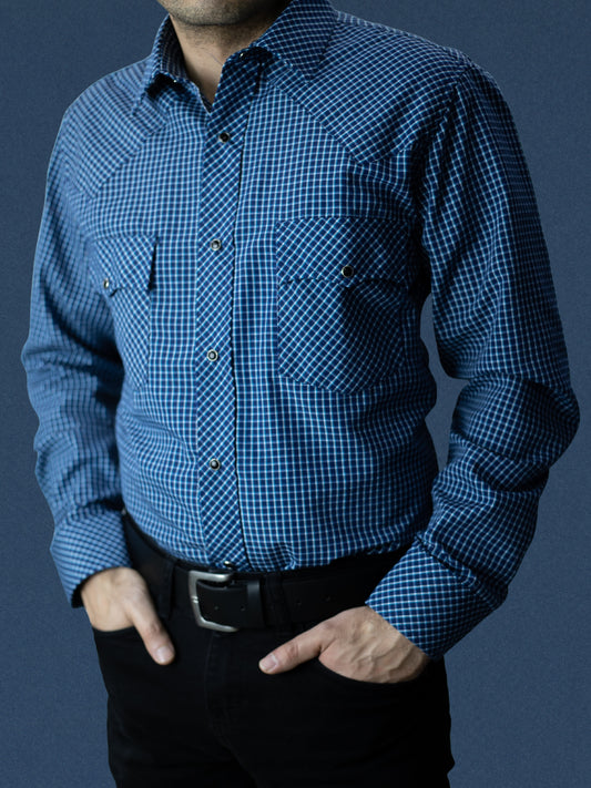 Camisa vaquera slim fit - Mini cuadro azul