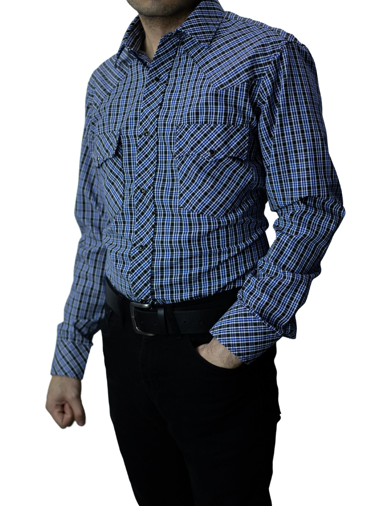 Camisa vaquera slim fit - Cuadro azul y negro