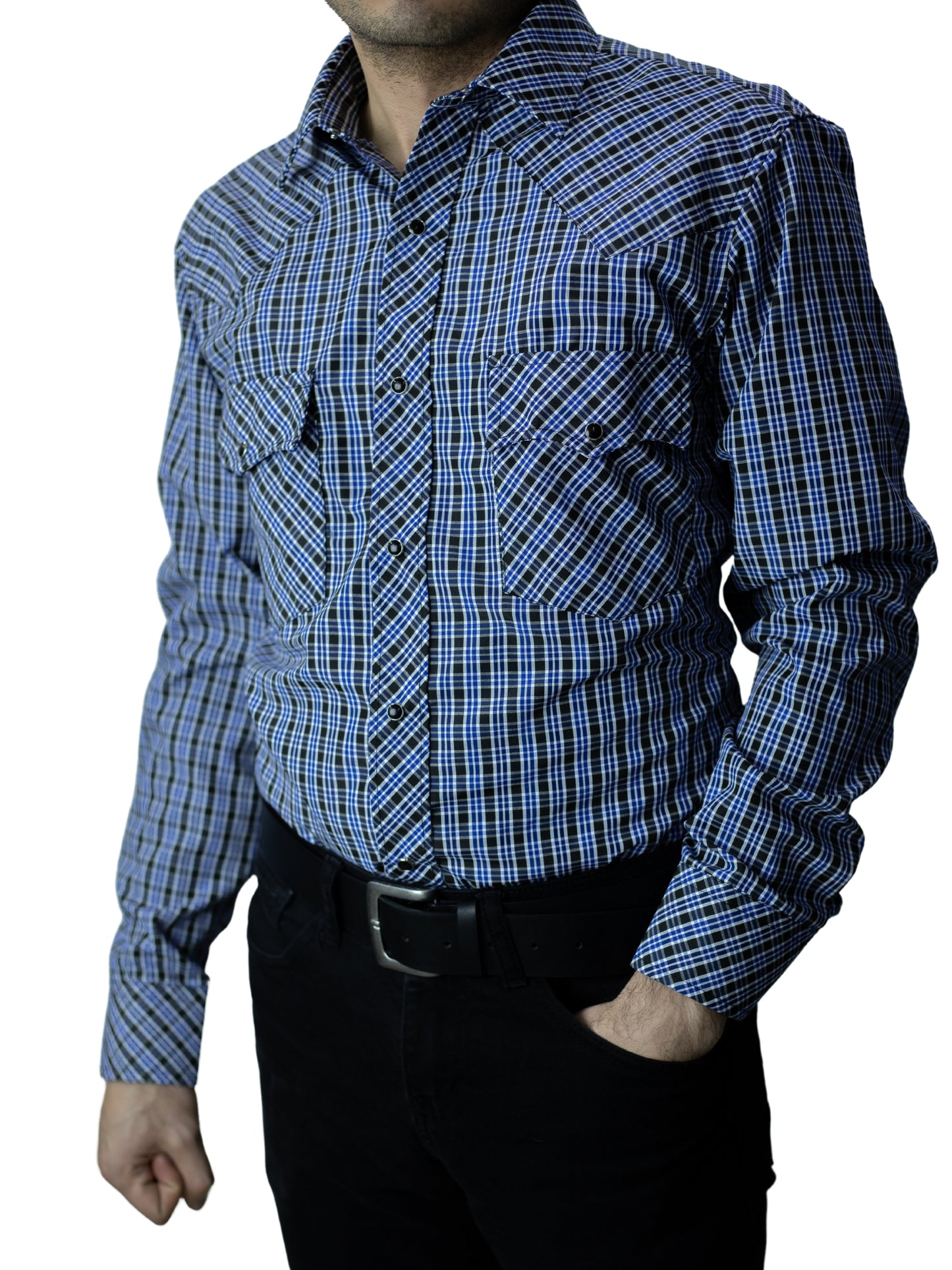 Camisa vaquera slim fit - Cuadro azul y negro