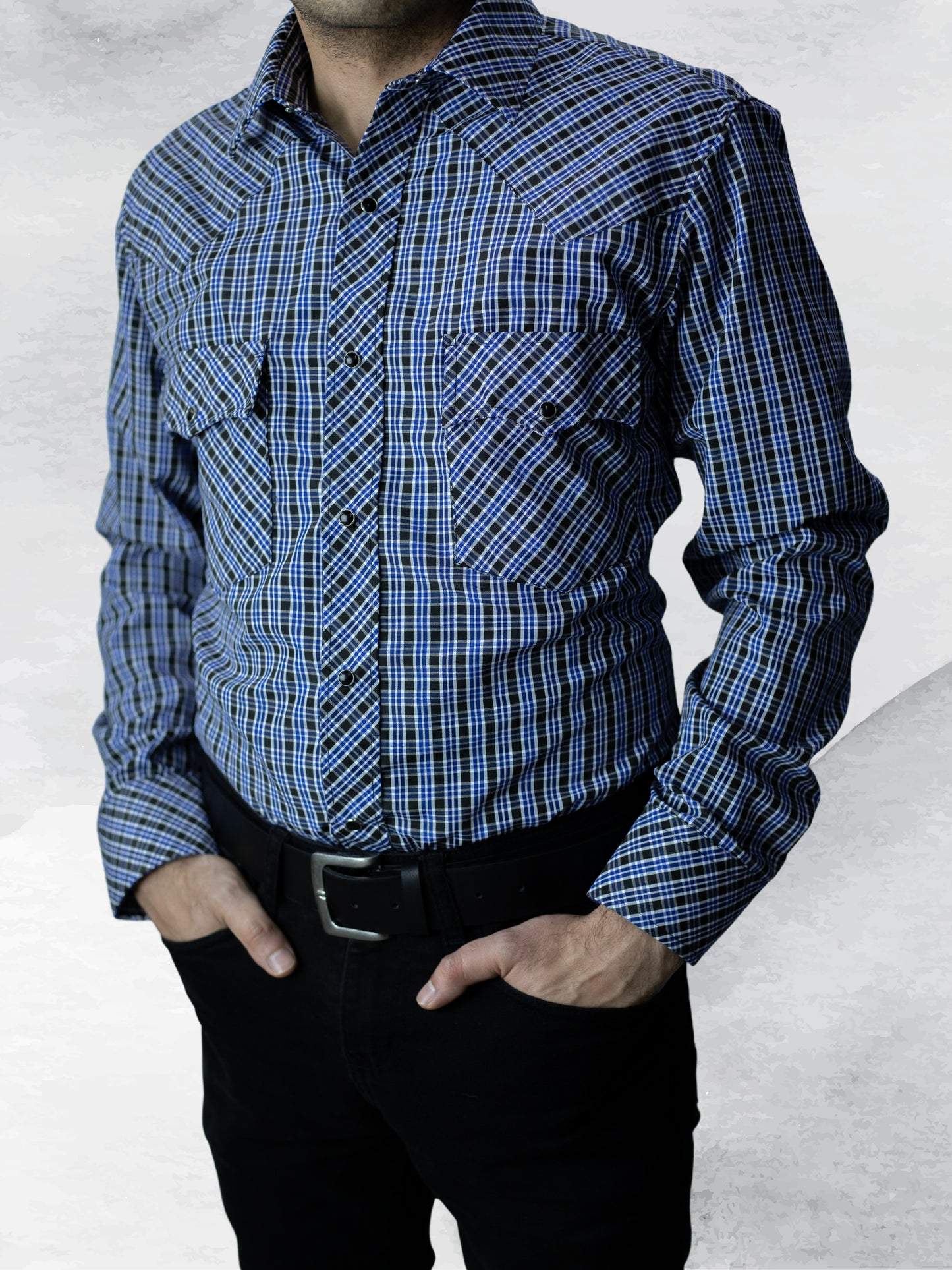 Camisa vaquera slim fit - Cuadro azul y negro