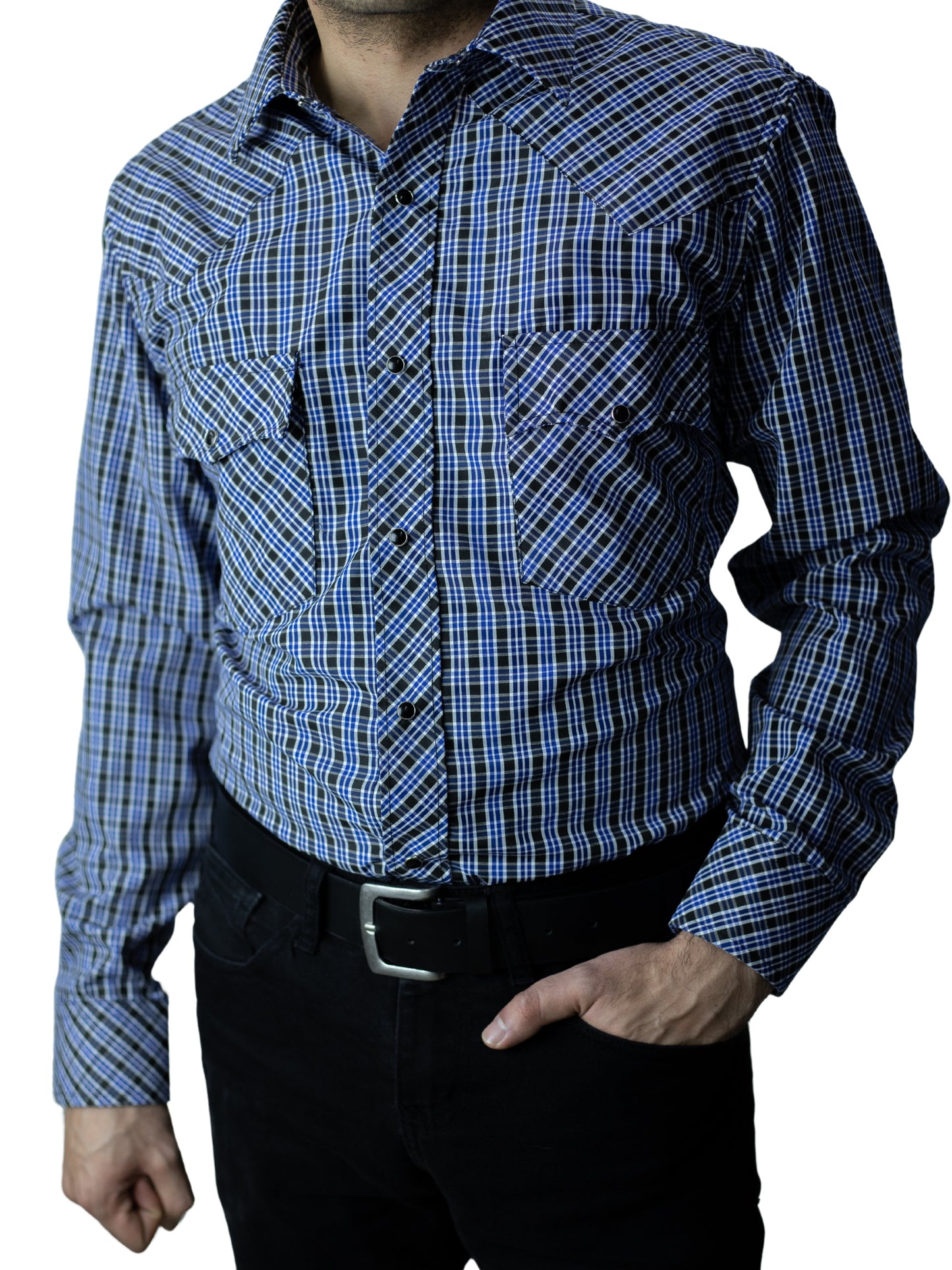 Camisa vaquera slim fit - Cuadro azul y negro