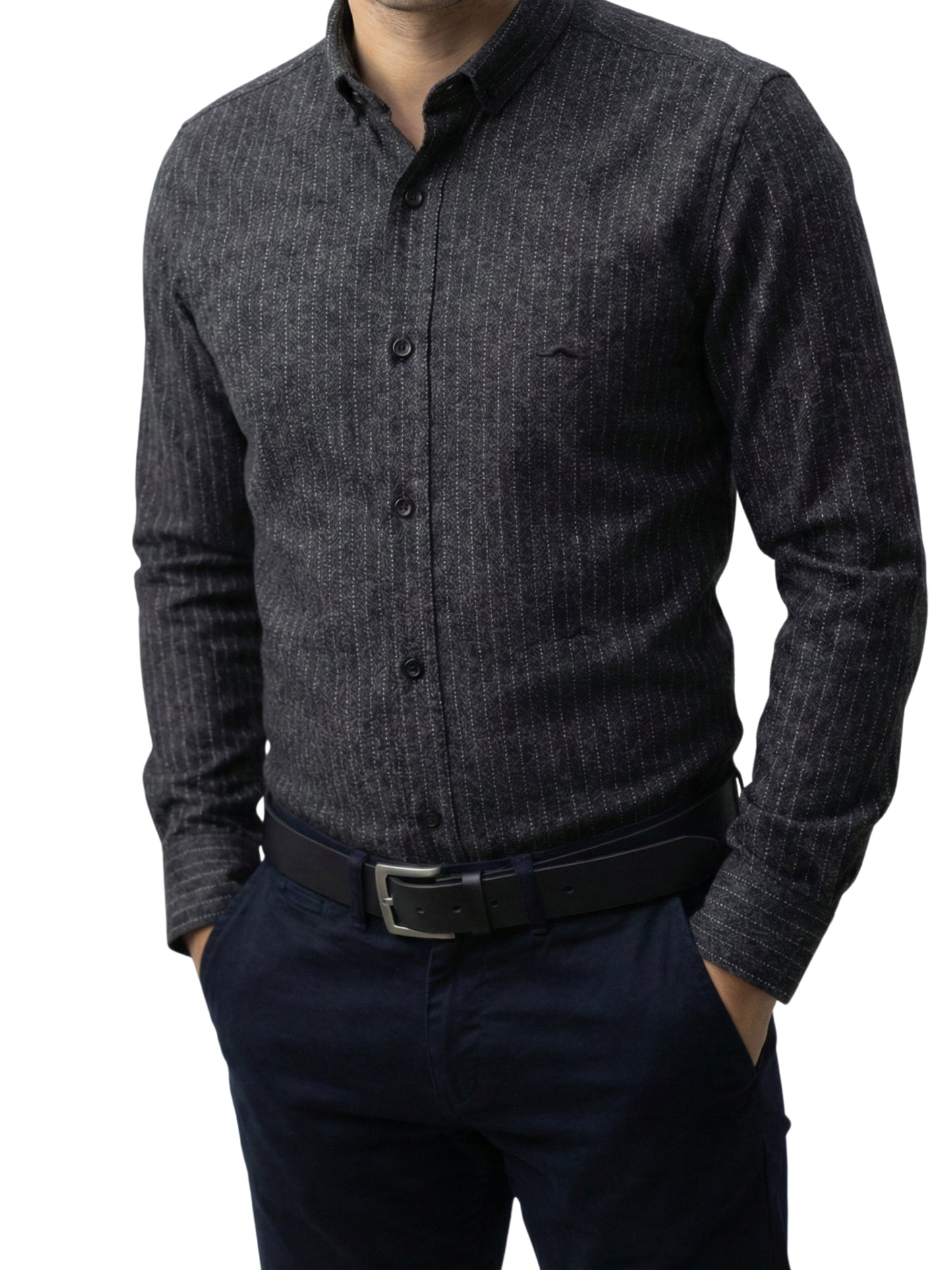 Camisa de lana slim fit - Negro rayas