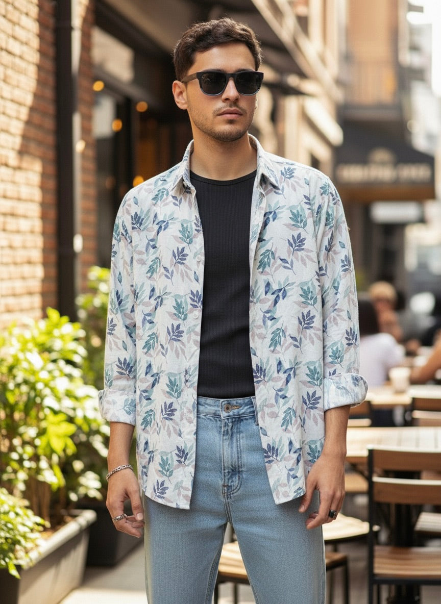 Camisa slim fit - Blanco flores